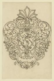 Goldschmiedeentwurf, Beschlag mit gekröntem Wappen