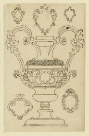 Goldschmiedeentwurf, große Vase, fünf Kartuschen