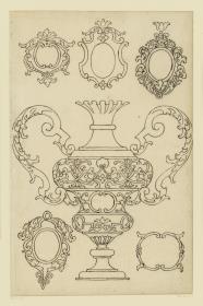 Goldschmiedeentwurf, Vase, fünf Kartuschen