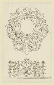 Goldschmiedeentwurf, große Kartusche, stehendes Randornament