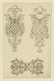 Goldschmiedeentwurf, zwei hängende Ornament, Beschlag