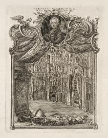 Ex libris Johann Karl Wilhelm Moehsen, mit seinem Porträt und dem Blick in seine Bibliothek