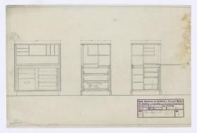Schreibschrank, Schnitte, Auftrag Büthmann (Möbelentwürfe, Körpermöbel, Schränke)