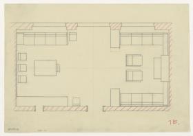 Wohn- und Esszimmer, Grundriss Variante, Auftrag Götsch, Musikheim (Möbelentwürfe, Wohnräume)