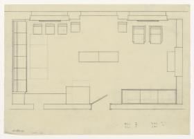 Wohn- und Esszimmer, Grundriss Variante, Auftrag Götsch, Musikheim (Möbelentwürfe, Wohnräume)