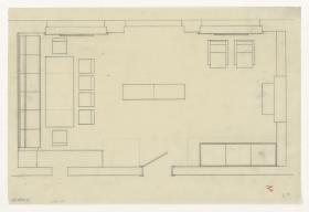Wohn- und Esszimmer, Grundriss Variante, Nr. 3, Auftrag Götsch, Musikheim (Möbelentwürfe, Wohnräume)