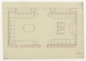 Wohn- und Esszimmer, Grundriss Variante, Nr. 3.1,  Auftrag Götsch, Musikheim (Möbelentwürfe, Wohnräume)