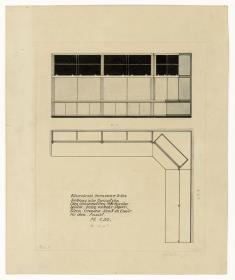 Herrenzimmer, Bücherschrank, Grundriss und Ansicht, Auftrag Klein (Möbelentwürfe, Körpermöbel, Schränke)