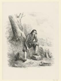 Wanderer auf einer Baumwurzel sitzend