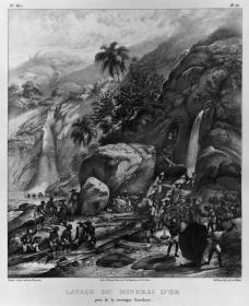 „Lavage du minerai d´or près de la montagne Itacolumi“ (Diamantenwäscherei unterhalb eines Wasserfalls bei dem Berg Itacolomi)