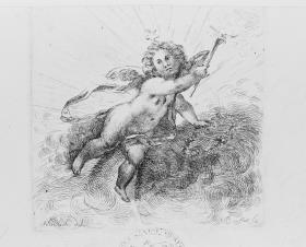 Engel mit Fackel und Kranz auf Wolken