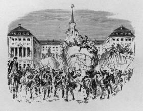 Die Preußen mit hochbepackten Wagen vor dem geplünderten Schloss Hubertusburg