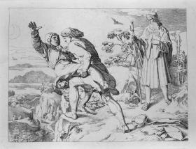 Golo stürzt seinen Helfershelfer Benno von einem Felsen. Blatt 11 zu "Bilder zu Tiecks Genovefa von J. Führich"