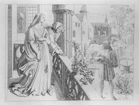 Genovefa, von Gertrud auf den Altan geführt, hört Golos Liebesklage. Blatt 5 zu "Bilder zu Tiecks Genovefa von J. Führich"