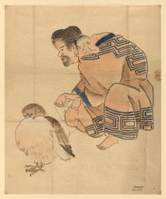 Ainu-Frau mit Kind auf der Schulter, eine Eule an einer Schnur haltend