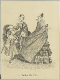 Penelope Mai 1857: zwei Damen und ein Mädchen in Promenadentoiletten