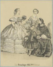 Penelope Februar 1857: drei Damen und ein Mädchen in Ball-, Haus- und Besuchstoiletten
