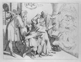 Winfreda, von Golo gedungen, zeigt dem Ritter Siegfried den Treubruch seiner Gattin in einem Zauberspiegel. Blatt 8 zu "Bilder zu Tiecks Genovefa von J. Führich"