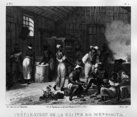„Préparation de la racine de mendiocca“ (Zubereitung von Mandioca-Wurzeln durch Schälen, Kochen und Auspressen)