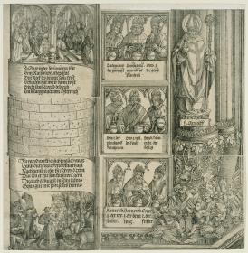 Der Triumphbogen des Kaisers Maximilian I. (17): Die Basis der linken Außensäule, Mauerstück mit drei Kaiserreliefs und unterer Abschnitt des Turms mit zwei historischen Szenen