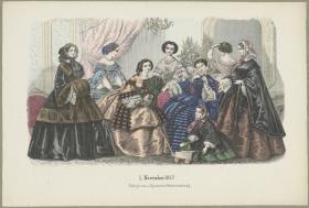 Allgemeine Musterzeitung November 1857: sieben Damen und ein Mädchen in Besuchstoilette, Balltoilette, Gesellschaftstoilette und Promenadentoilette