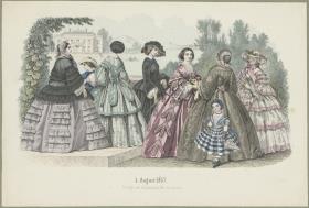 Allgemeine Musterzeitung August 1857: sechs Damen und zwei Kinder in eleganten Haus- und Promenadentoiletten