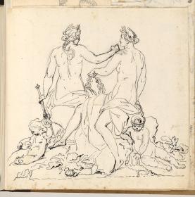 Schlosspark von Versailles, Aufnahmen von Skulpturen, Gruppe von zwei sitzenden Frauen mit einer Amorette