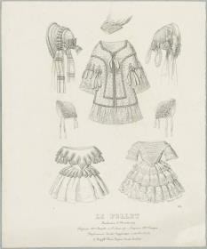 Le Follet: Accessoires und einzelne Kleidungsstücke: Kapottenhüte, Kinderkleider, Mantelet, Spitzenmanschette