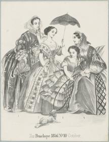 Penelope 1856 No.10 Oktober: drei Damen und ein Mädchen in Besuchs- und Gesellschaftstoiletten