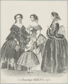 Penelope 1856 No. 4 April: zwei Damen und ein Mädchen in Gesellschafts-, Ball- und Promenadentoiletten