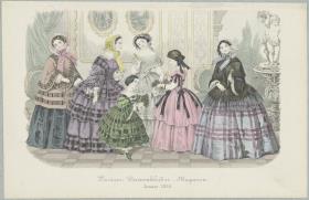 Pariser Damenkleider-Magazin, Januar 1856: vier Damen und zwei Mädchen in Promenaden-, Besuchs-, Haus-, Gesellschafts- und Balltoiletten