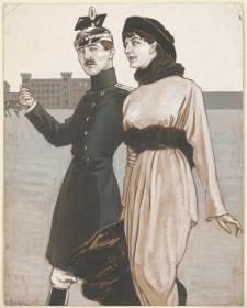 Beim Spaziergang: Ulanenoffizier mit Dame