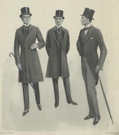 Drei Herren in eleganter Tageskleidung: Gehrock und Cutaway
