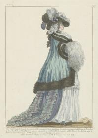 Gallerie des Modes et du Costume Français: Cette Beauté Anglaise frappée des raretés qu'elle rencontre à Paris. ccc.300, Grande Pelisse de Satin doublée en martre