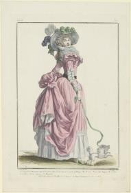 Gallerie des Modes et du Costume Français: La minaudiere Marinette avec son toutou cheri dans une promenade publique. eee.312