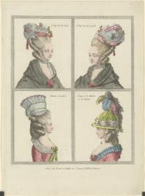 Gallerie des Modes et du Costume Français: le Pouf du côté droit, le Pouf du côté gauche, Bonnet à la fusée. A.4