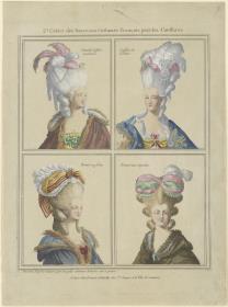 Gallerie des Modes et du Costume Français: Nouvelle Coiffure en plumes, Coiffure de la Reine, Bonnet au fichu. B.7