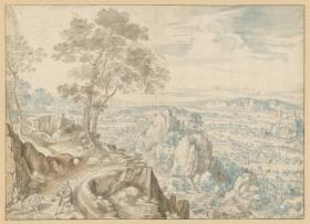 Landschaft mit Felsklippen und Blick in eine weite Ebene