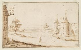 Landschaft mit Haus und Wasserburg, dazwischen ein Wanderer
