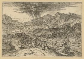 Arkadische Landschaft mit Figuren auf einem Weg während eines Gewitters, aus der Folge: Suite de Paysages