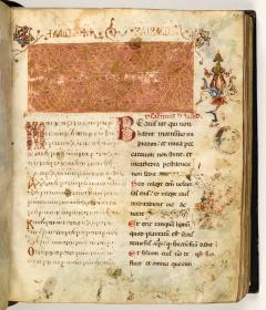 Psalterium und Breviarum graeco-latinum: Textbeginn mit ornamentierter Goldleiste. David am Schreibpult, das Christusbild über sich