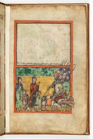 Fragment eines Psalteriums, Bl. 5 recto - Jakobs Herde, Mägde und Kinder vor Esau und seinen Kriegern