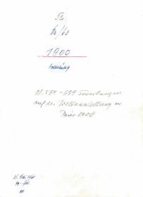 52 62/63 1900 vollständig 00,564–689 Erwerbungen auf der Weltausstellung in Paris 1900 31.Mai 1960 gez. Sch. [Schönberger, Arno] v.B [= Erwerbungsjahr 1900: 1-694 aus Inventarbuch Sammlung 1899-1900]