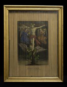 Jesus, Jesus am Kreuz sowie 3 Engel, die sein Blut in 4 Kelchen auffangen, Maria