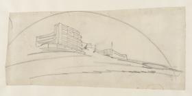 England, Kurhaus De La Warr, "De La Warr Pavillon" mit Projekt eines Vergnügungszentrums, Bexhill-on-Sea/Sussex. Skizze - Perspektive des Vergnügungszentrums von Südwesten