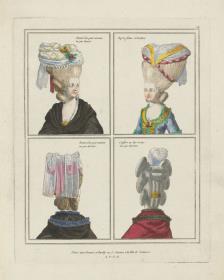 Gallerie des Modes et du Costume Français: Bonnet d'un gout nouveau vu par devant, Pouf en fichus et bouillons. C.14