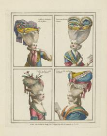 Gallerie des Modes et du Costume Français: Coiffure à l'Irlandaise avec des fleurs, Bonnet au fichu attaché par devant. E.30