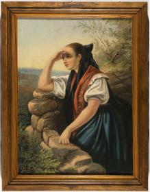 Porträt einer Frau in Bluse und Rock mit Halstuch und schwarzer Bänderhaube
