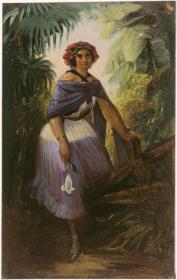 Bildnis einer Frau in ganzer Figur, vor tropischer Vegetation
