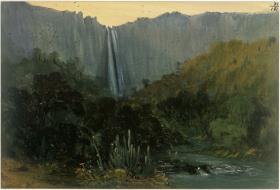 ""La Huerta del Padre Lazo"". Blick auf eine Felswand mit einem Wasserfall
